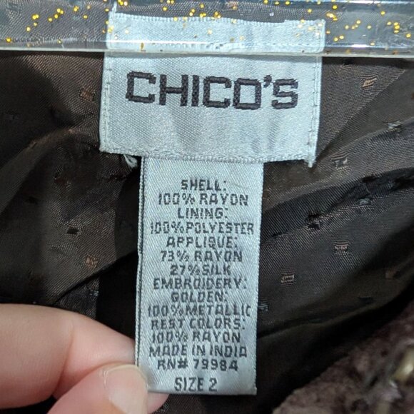 Chicos 2 Velvet Floral Jacket Womens Size Large Brown Beaded Embellished Boho - Picture 6 of 13